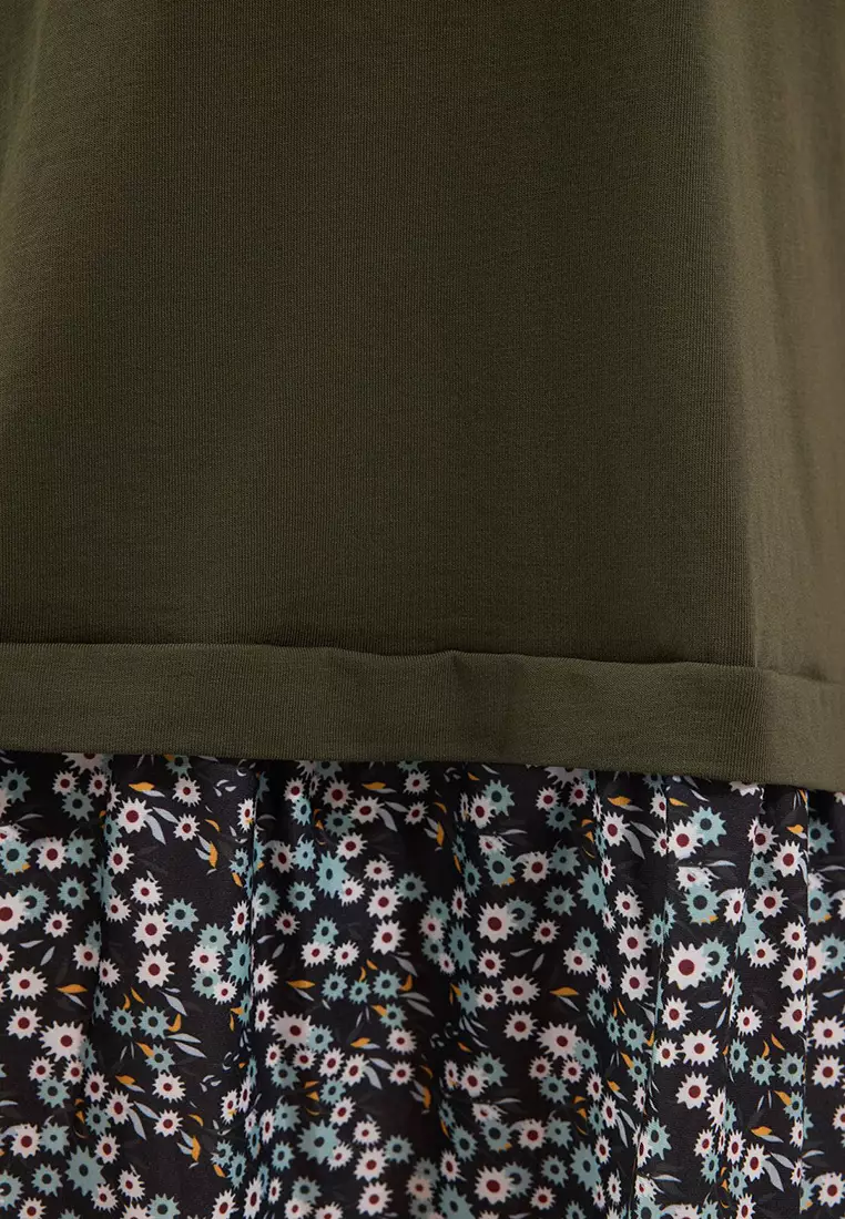 Khaki Sleeve And Hemline Floral Print Knitted Plus Size Dress Tbbss25Ah00190