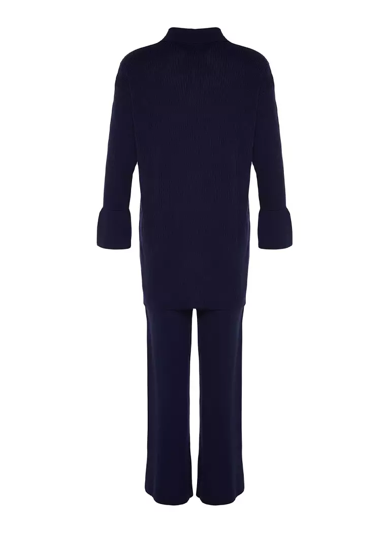 Navy Blue Slit Detailed Cardigan-Pants Knitwear Suit TCTAW23US00028