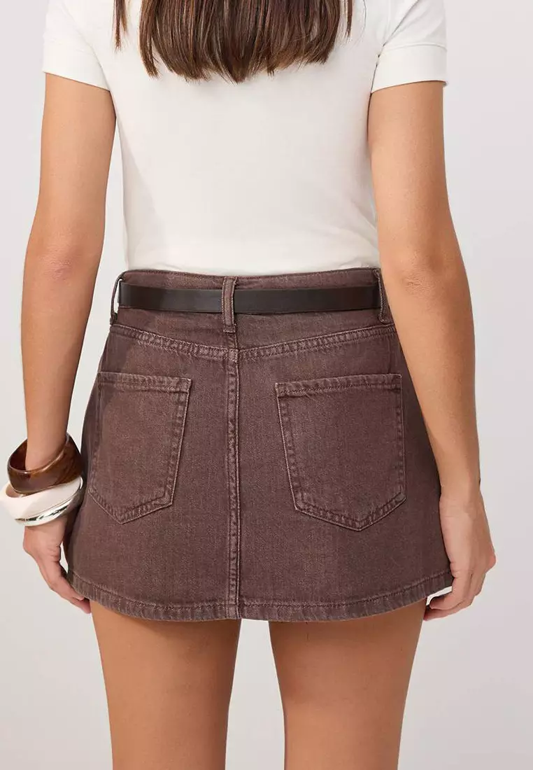 Brown Belt Detailed Denim Skirt With Skirt-Like Back Detail Twoaw26Sr2