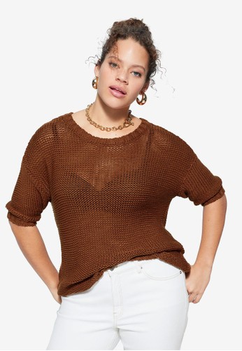 Violeta by MANGO brown Plus Size Open-Knit Sweater 30CDBAA91BBACBGS_1