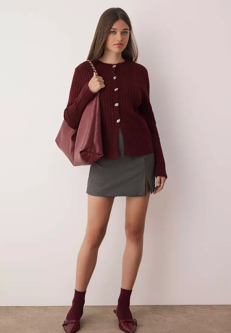 Burgundy Button Detailed Soft Textured Slit Detailed Knitwear Cardigan Twoaw26Hi00096