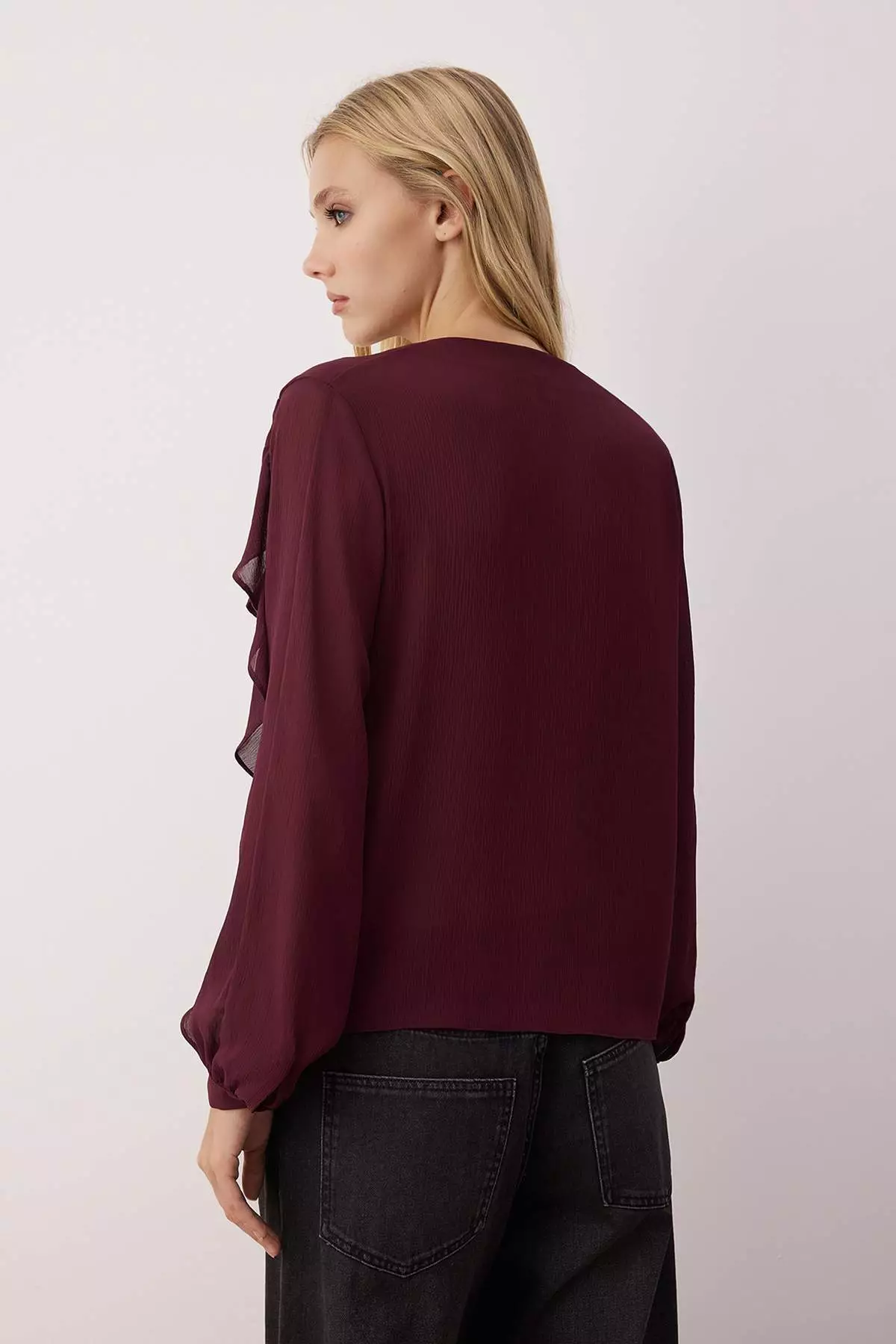 Burgundy Flounced Boho Semi-Transparent Shirt Twoaw26Go45