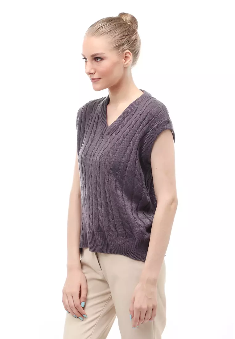 Urice Vest Rajut Atasan Wanita V-neck Sleeves Design Elegant - Dark Grey