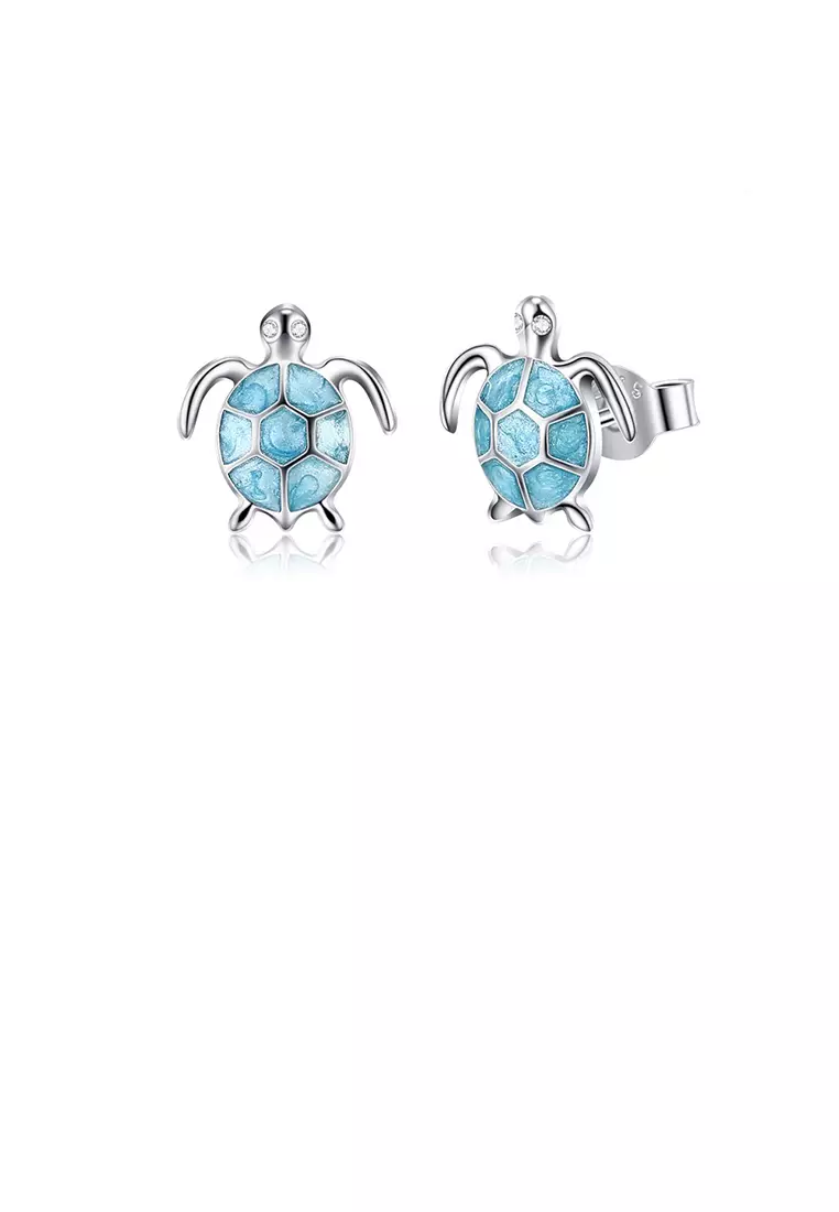 925 Sterling Silver Fashion Cute Blue Turtle Stud Earrings with Cubic  Zirconia