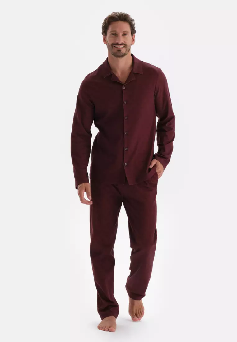 Bordeaux Shirt & Trousers Knitwear Set, Micro Print, Shirt Collar, Regular Fit, Long Leg, Long Sleeve Sleepwear for Men