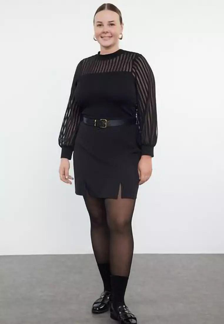Black Stand Collar Laced Body-Smoothing Knitted Plus Size Blouse TBBAW25AF00010