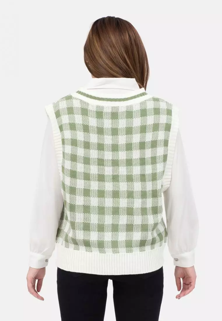 Big Checker Knit Vest in Sage Green