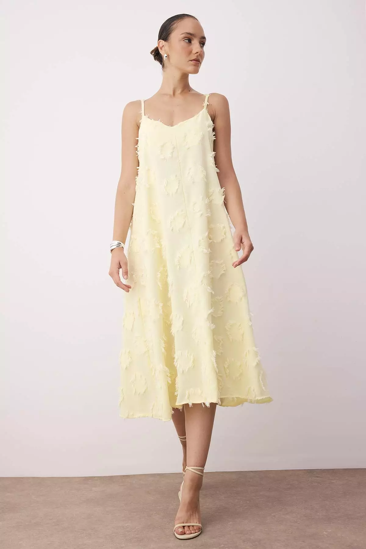Yellow Plain Midi Woven Dress Twoss25El00905
