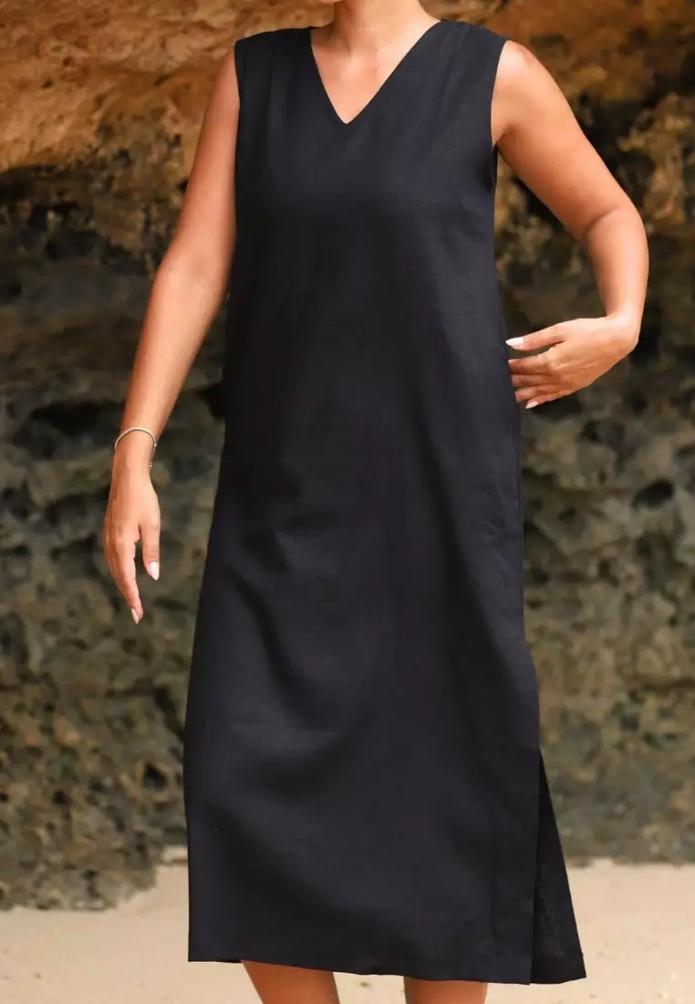 Midnight Dress Linen Wanita Hitam | Linen Dress Women Black