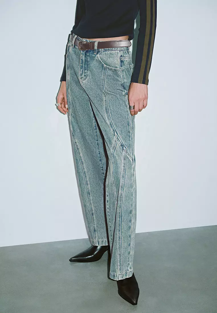 UR春季新款女装复古解构设计感腰带牛仔长裤UYV850002