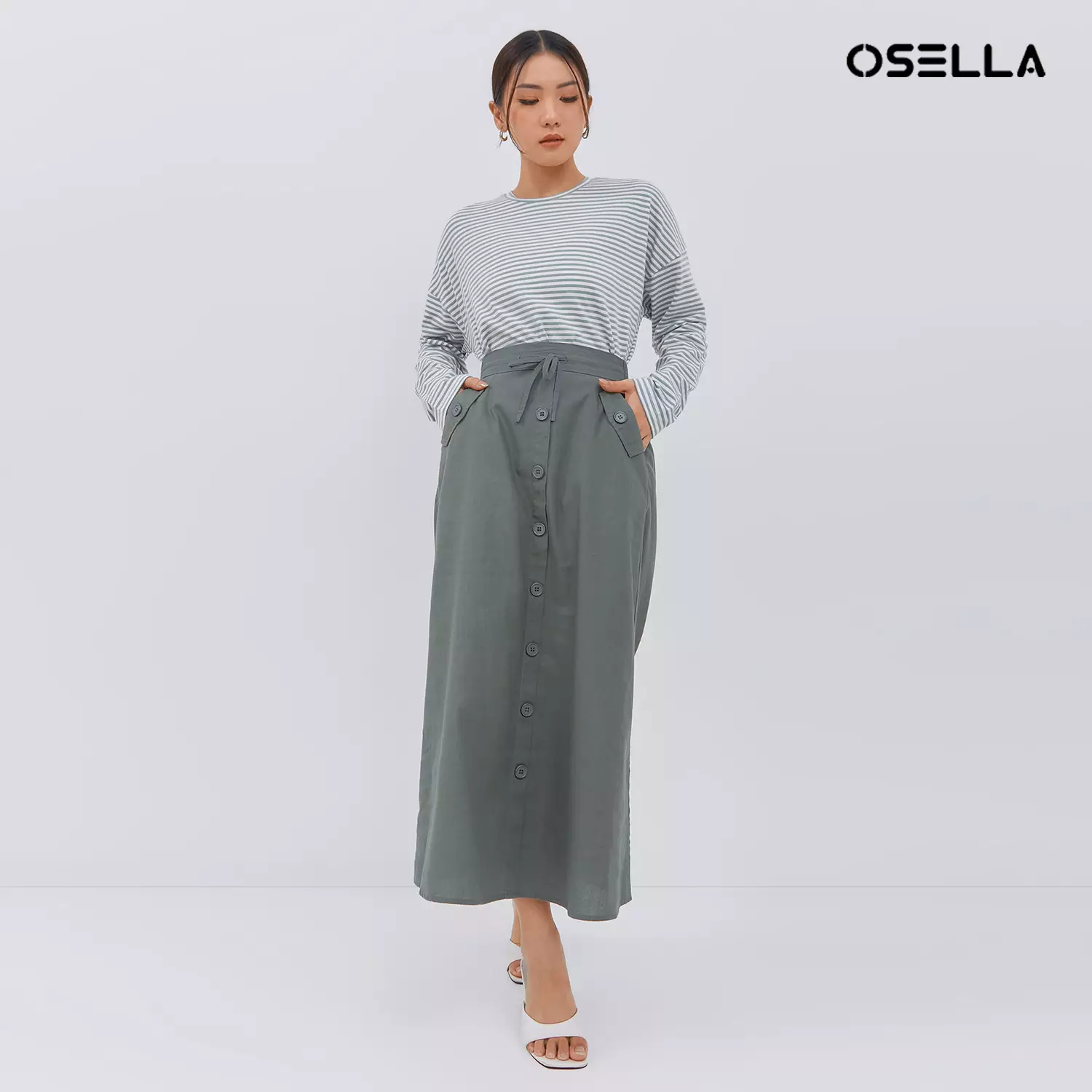 [NEW] Osella Lindy Long Skirt With Buttons 21874001 | Rok Wanita Warna olive