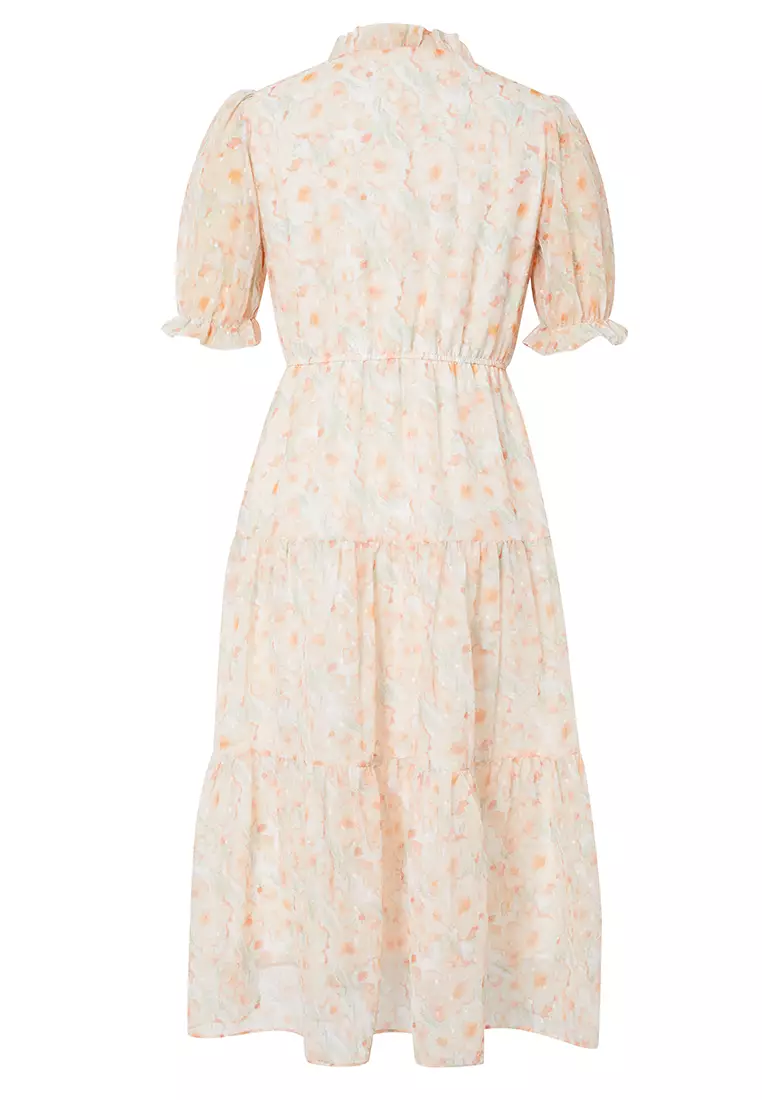 Ruffled Sleeve and Collar Tiered Floral Midi Dress