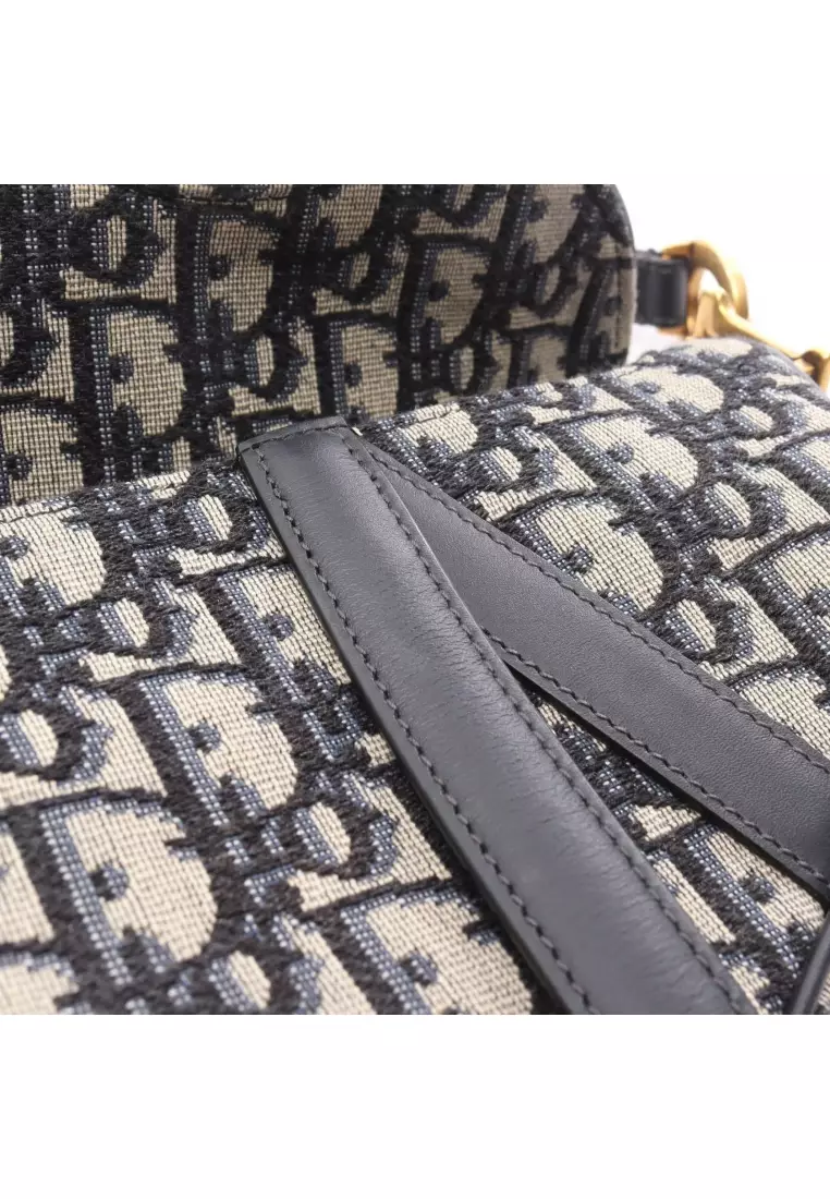 Pre-Loved Christian Dior saddle bag mini oblique jacquard Handbag canvas leather ivory Navy