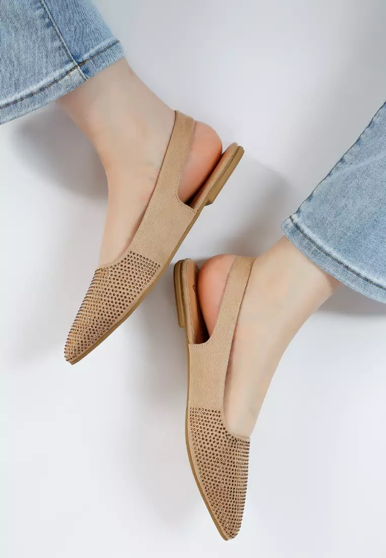Beige Rhinestones Slingback Mules