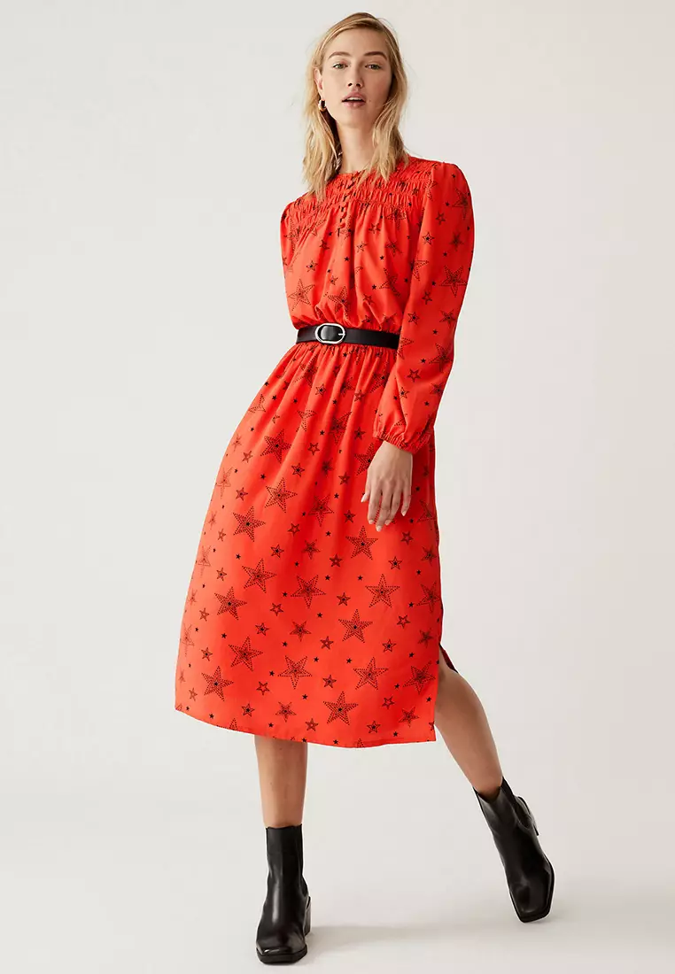 Star Print Midi Waisted Dress