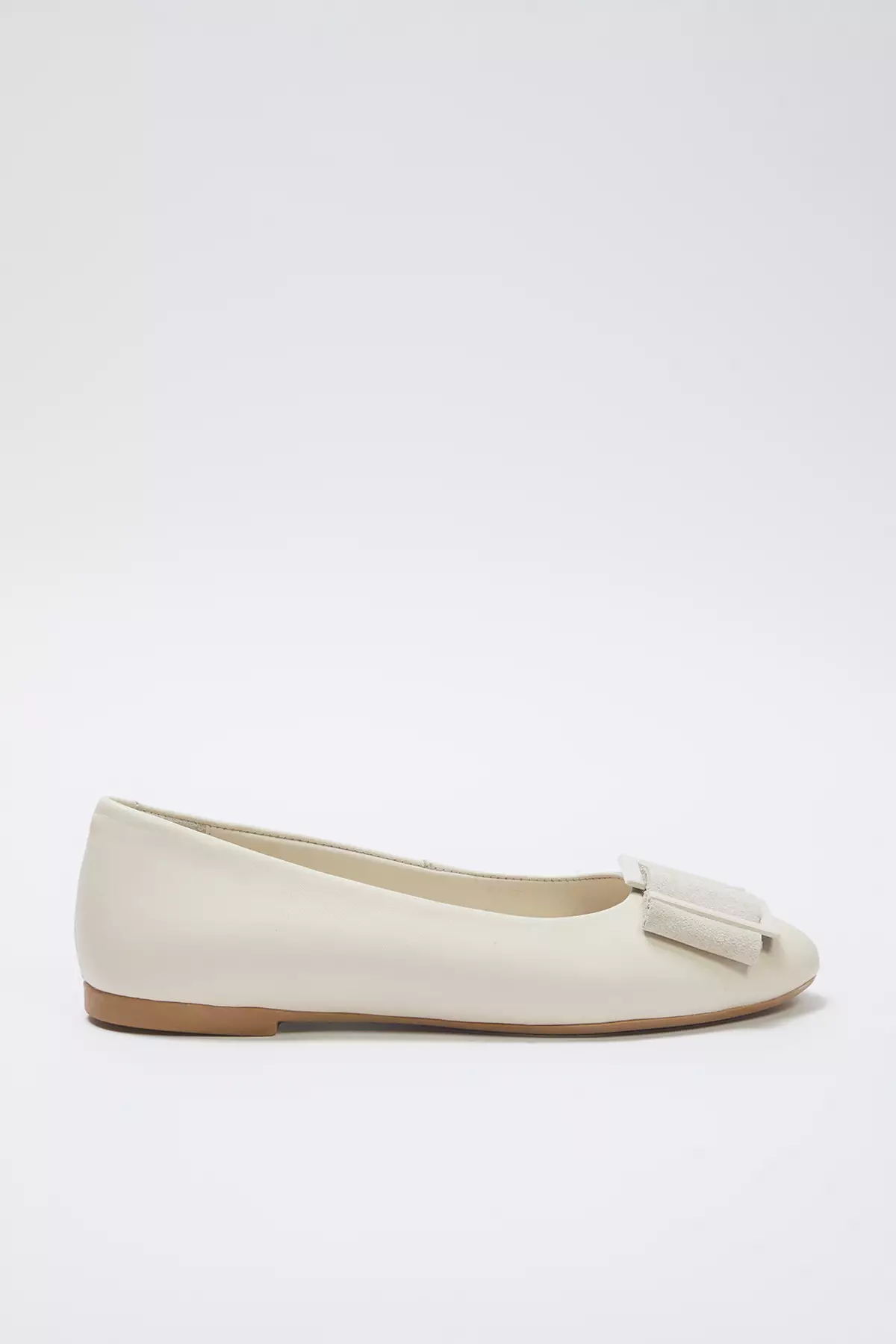Beige Genuine Leather Buckle Detail Almond Toe Women's Ballerina Flats Takss25Be00032