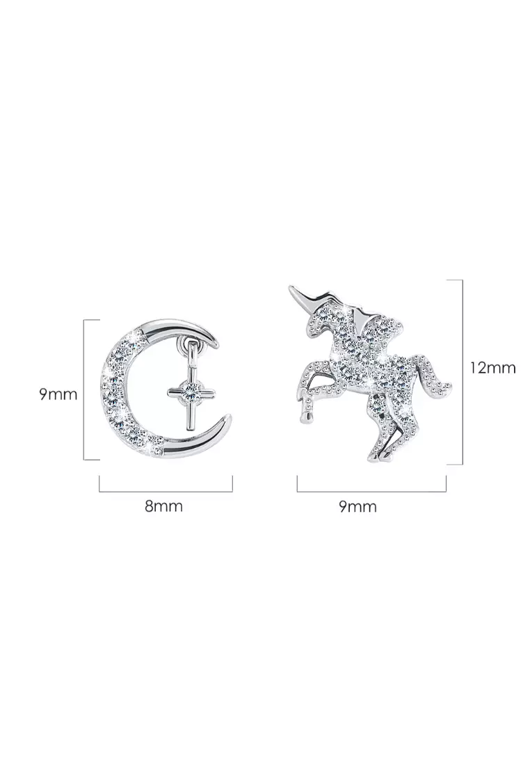 Solid 925 Sterling Silver Pure Crescent and Unicorn Stud Earrings