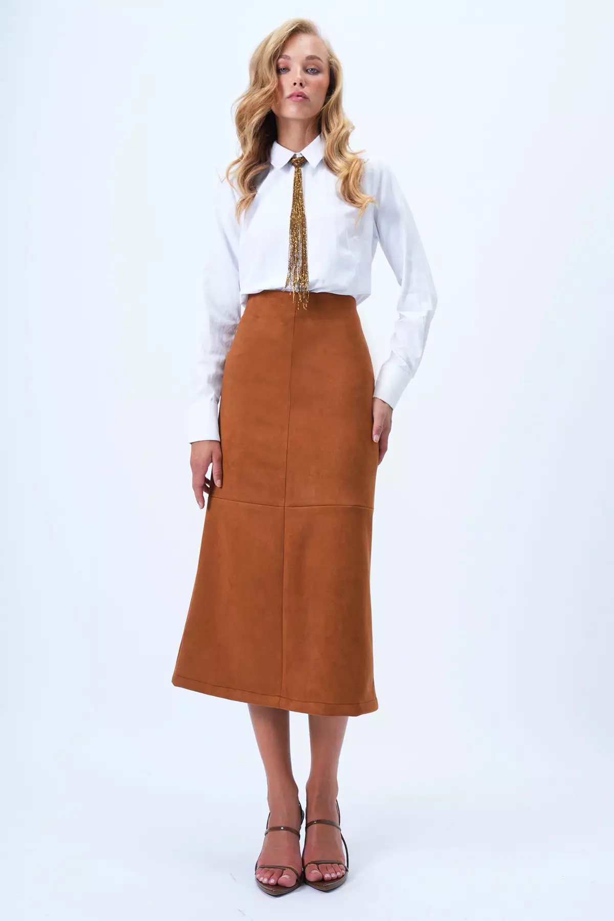 Women's Tan Hidden Zippered Stitch Detailed Faux Suede Maxi Skirt Alc-X14407