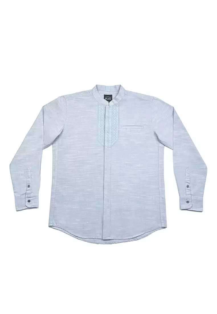 POLICE Kemeja Koko Bordir Cotton Slub Regular Fit Lengan Panjang Pria