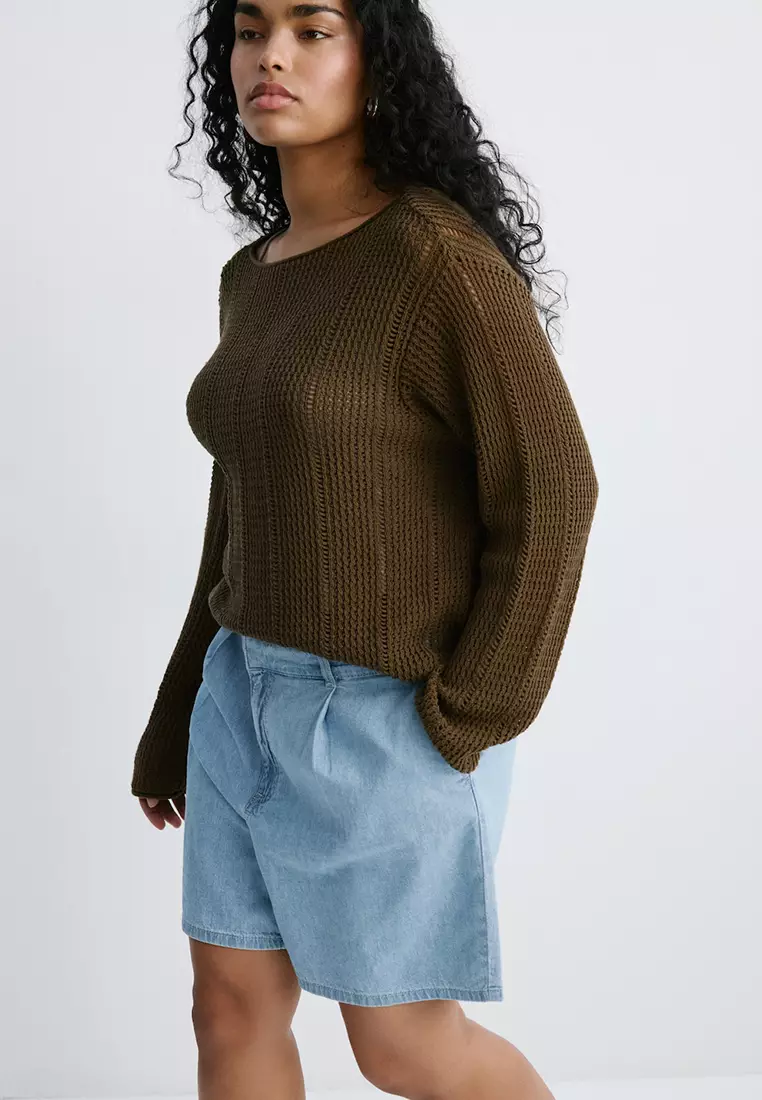 Mid-Rise Denim Bermuda Shorts With Pleats
