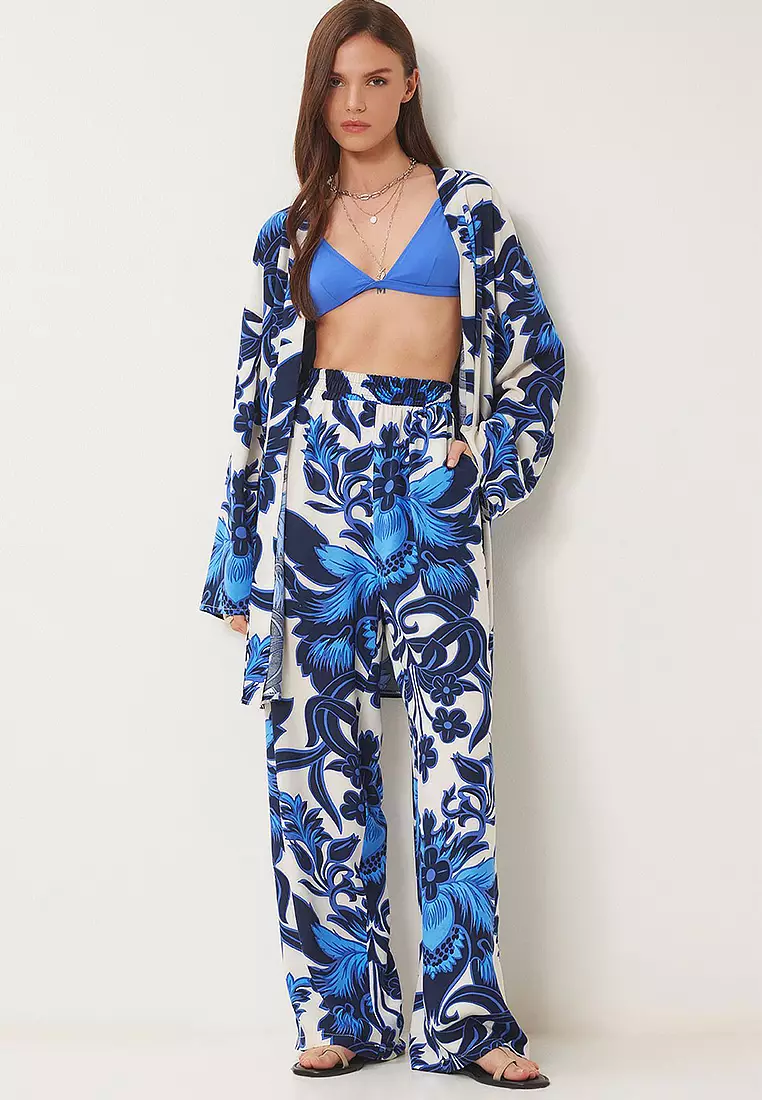 Patterned Viscose Kimono Pants Set