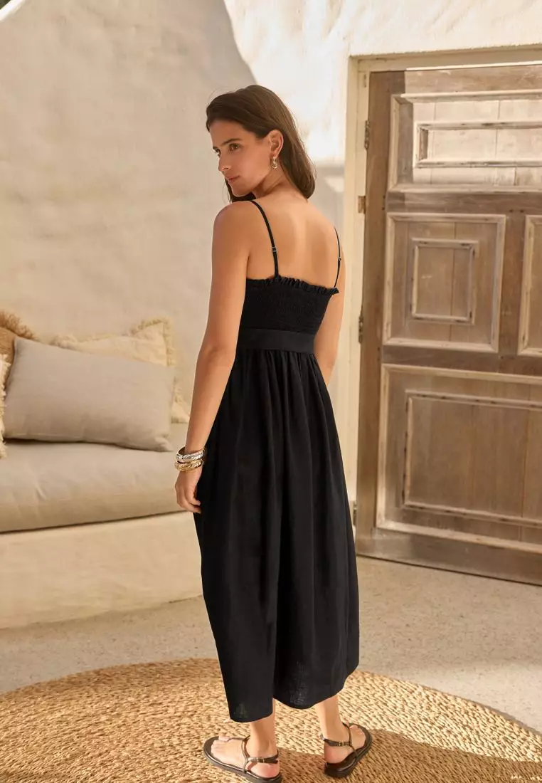 Shirred Premium 100% Linen Summer Midi Dress