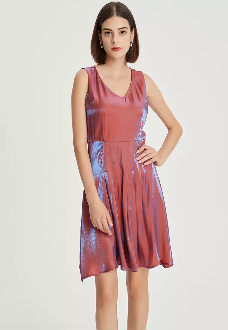 V-neck color-changing glazed satin one piece dress B22041204RD