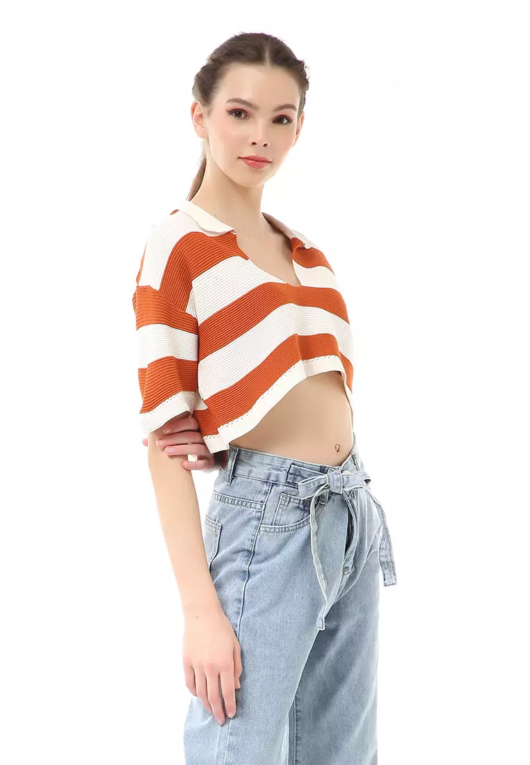 Albertine Atasan Crop Wanita Lengan Pendek Motif Salur Material Rajut ORIGINAL - Bata