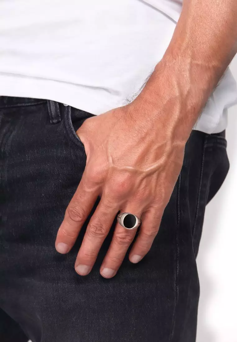 Men's Silver Black Enamel Dome Signet Ring