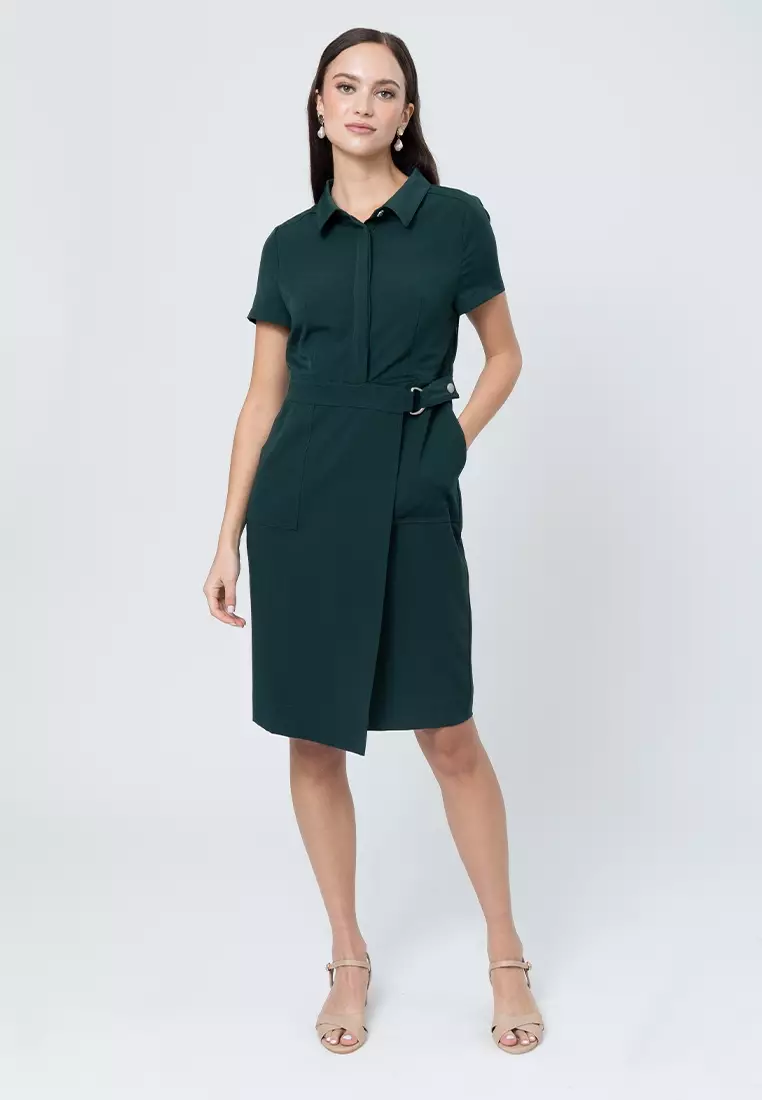 Maire Shift Dress with Structured Wrap Skirt Detail and D-Ring Accent