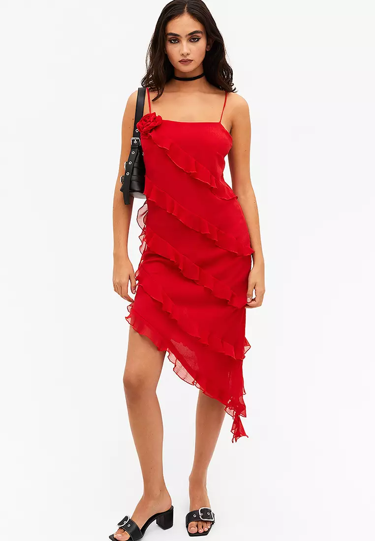 Red midi sales ruffle dress