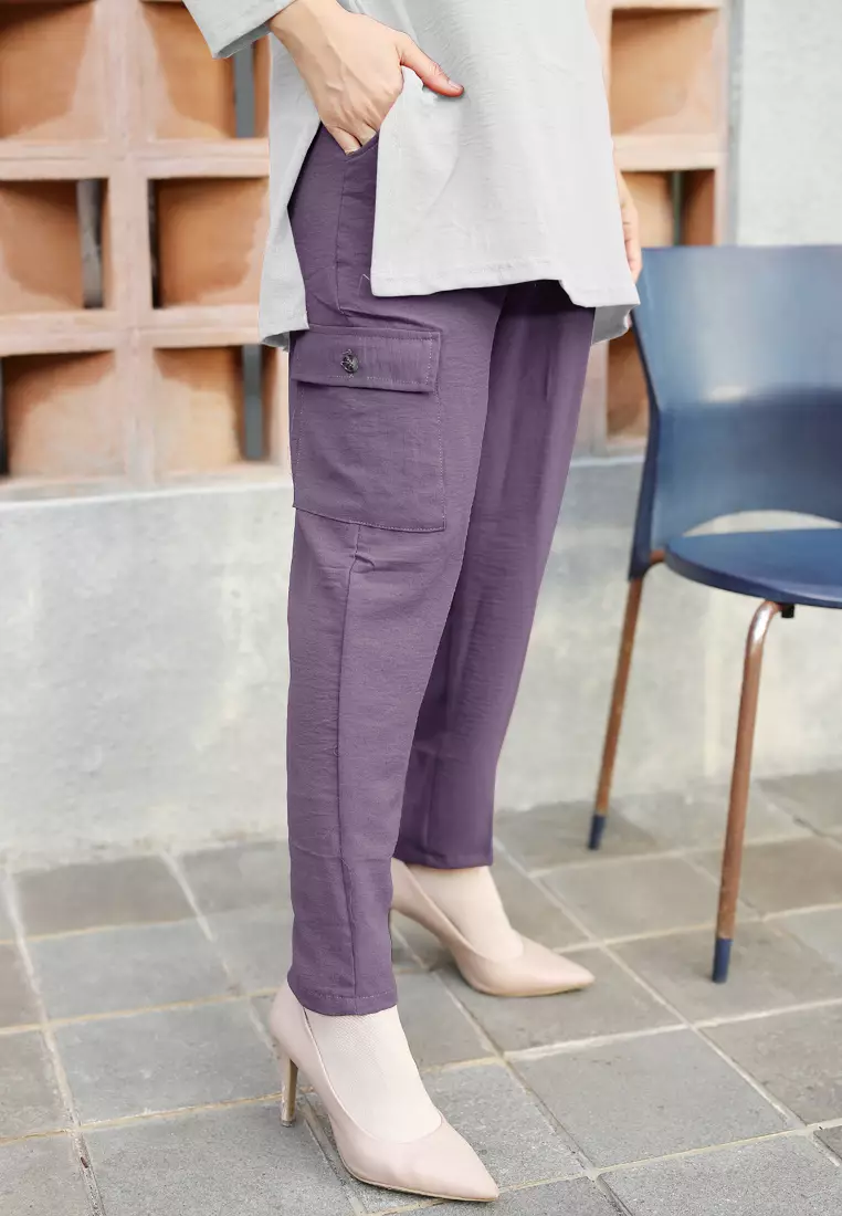 Cotton Bee - Tirana Pants | Celana Wide Legs Wanita | Kulot Basic Pocket - Grape Purple