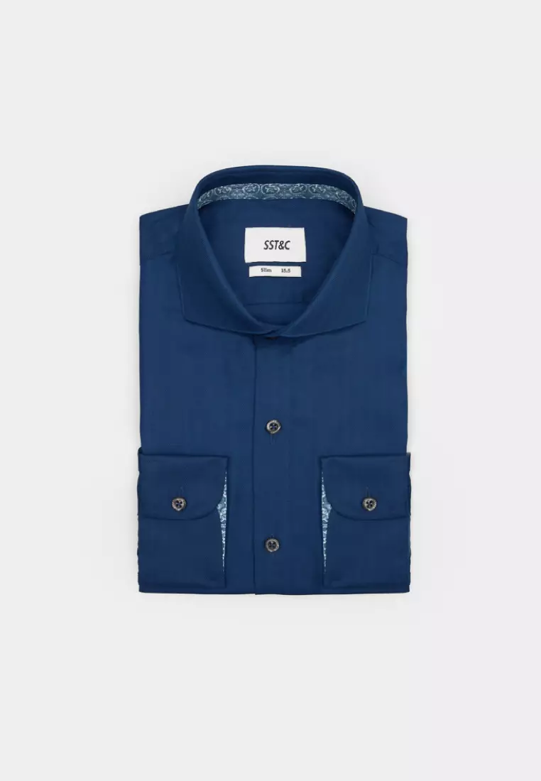 Navy Blue Herringbone Slim Fit Shirt