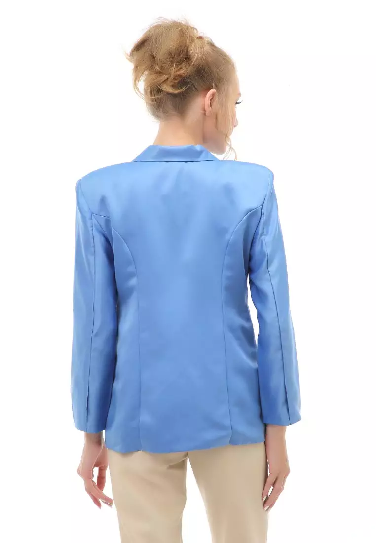 Qemsya Outer Blazer Kasual Formal Wanita Lengan Panjang Material Wool Twist ORIGINAL - Soft Blue