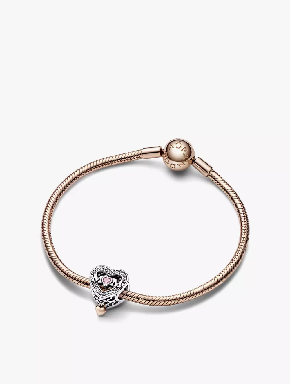 Mom heart sterling silver and 14k rose gold-plated charm with clear, fancy fairy tale pink and pink  cubic zirconia