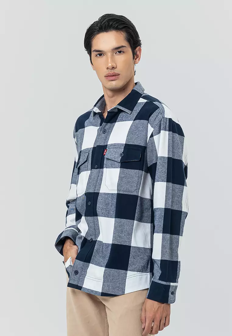 BASTIEN - NAVY WHITE Kemeja Flanel Casual Pria Lengan Panjang LS Top Man Shirt