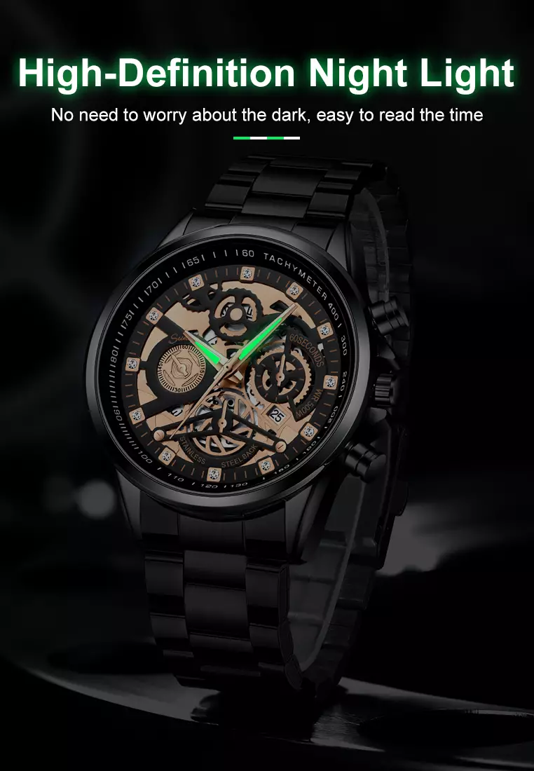 Jam Tangan Pria 3352 Bercahaya Dial Berongga Santai Mode Tali Stainless Steel Kalender Jam Tangan Cowok black