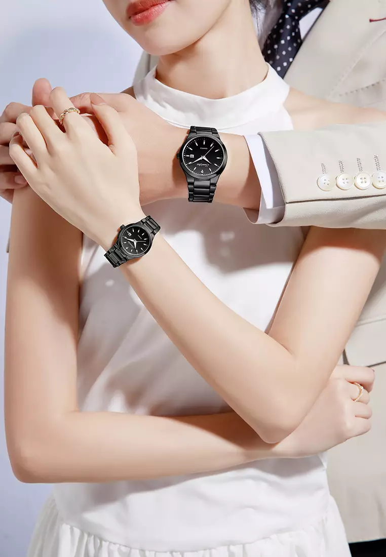 Jam Tangan Couple Original Tanggal Luminous Santai Tali Stainless Steel Jam Tangan Pria/Wanita 9108 allblack