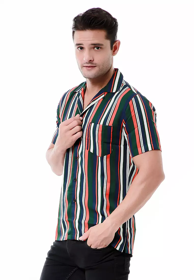 Leopold Atasan Pria Kemeja Motif Salur Lengan Pendek Material Cotton ORIGINAL - Green Orange