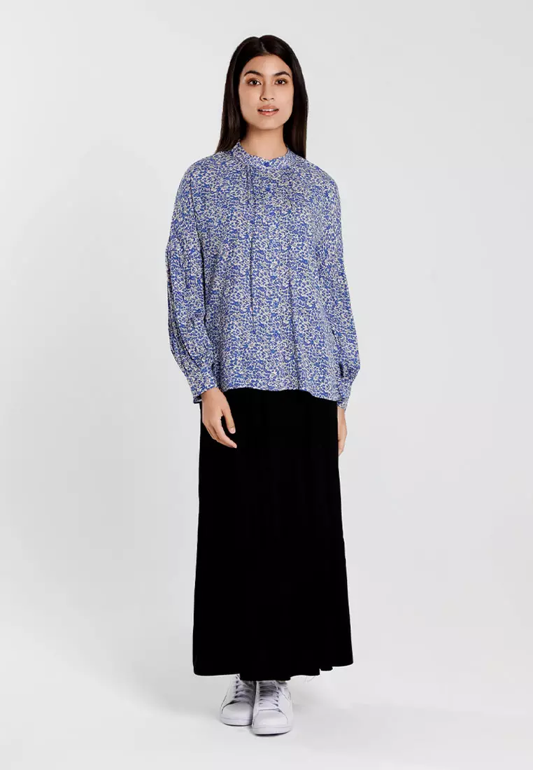 Forest Ladies Floral Pattern Button Rayon Blouse Women Long Sleeve Blouse | Baju Perempuan - 822486-31Blue