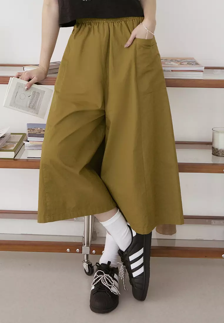 Cotton Elastic Waist Wide-Leg Cropped Trousers [BA3858]