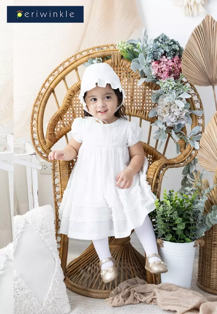 Lois Christening Dress with Embroidery and Smock Details 3-piece set with Cap and Diaper Cover