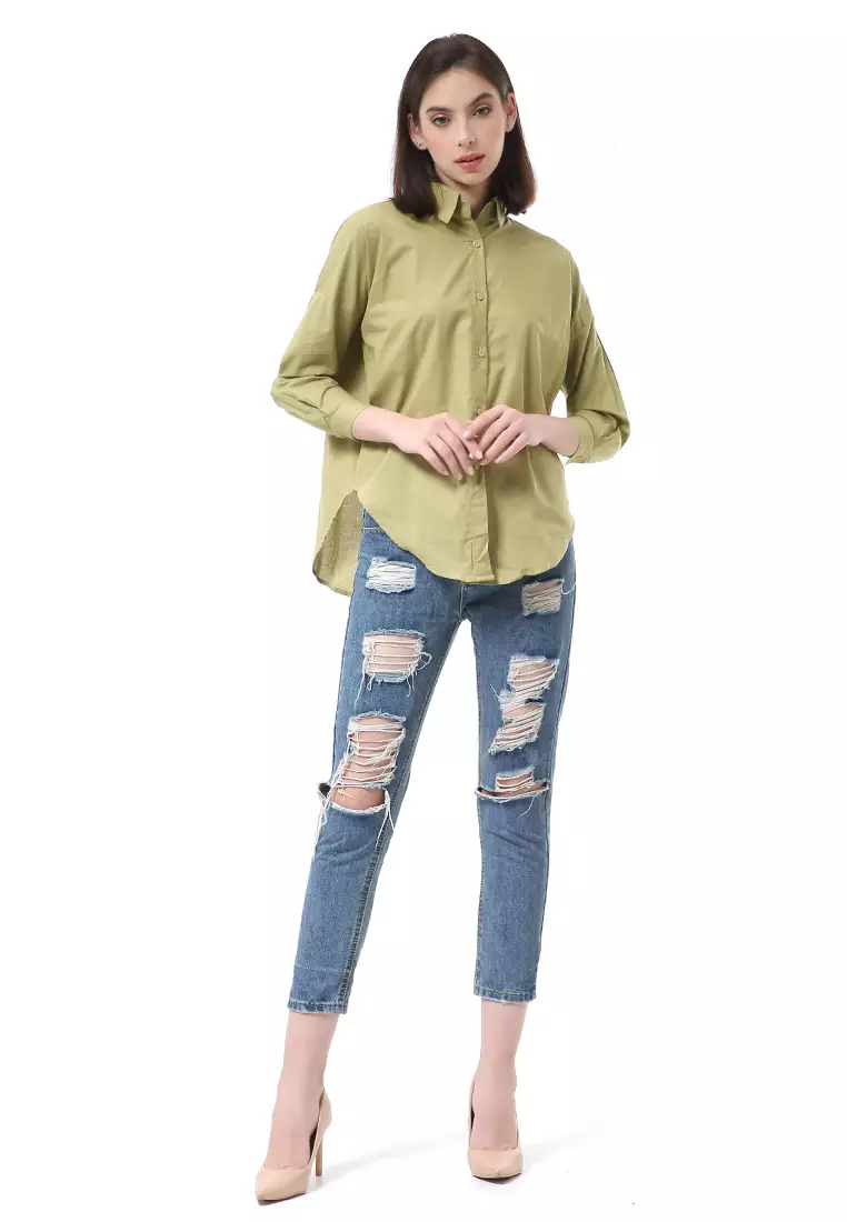 Brielle Atasan Wanita Kemeja Kasual Lengan Panjang Detail Silang Bagian Belakang Material Cotton ORIGINAL - Sage