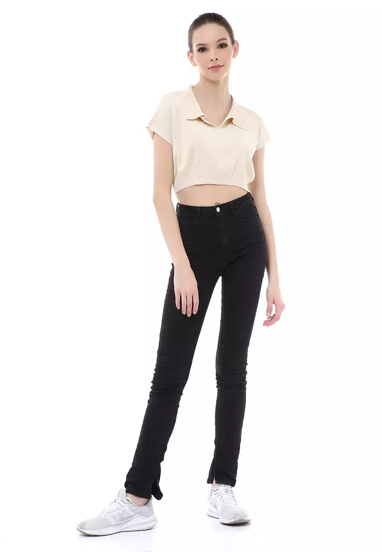 Albertine Atasan Crop Wanita Lengan Pendek Blouse Kerah Material Rajut ORIGINAL - Cream