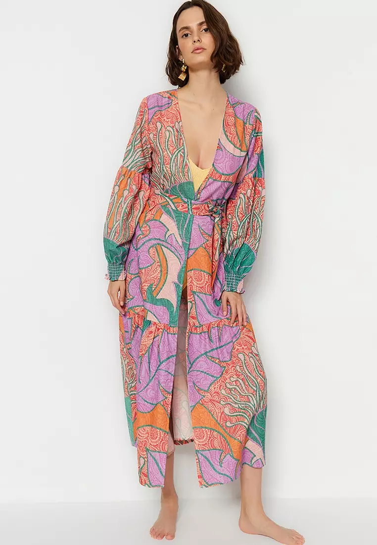 Buy Trendyol Floral Pattern Belted Woven Maxi Kimono 2024 Online
