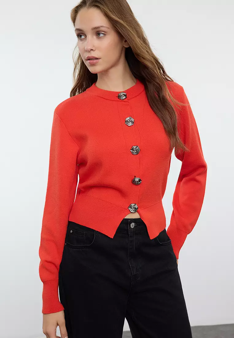 Red Premium Yarn/Special Yarn Crop Rose Buttoned Jacket Look Knitwear Cardigan TWOAW25HI00110