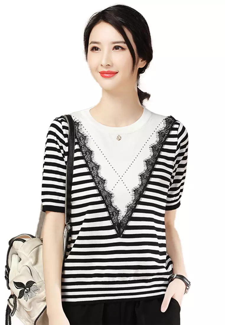 Buy A IN GIRLS Retro Striped Short Sleeved Sweater 2023 Online