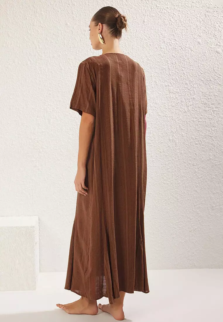 Brown Maxi Woven Tie Linen Look Beach Dress Tbess25El00022