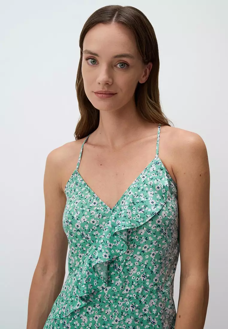 Jimmy Key Mint Green Narrow Cut Straps V-Neck Patterned Midi Dress