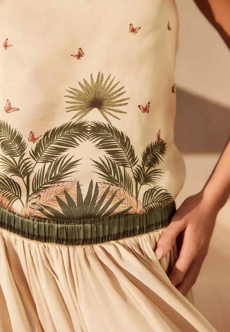Satin Bandeau Muted Tropical Print Top